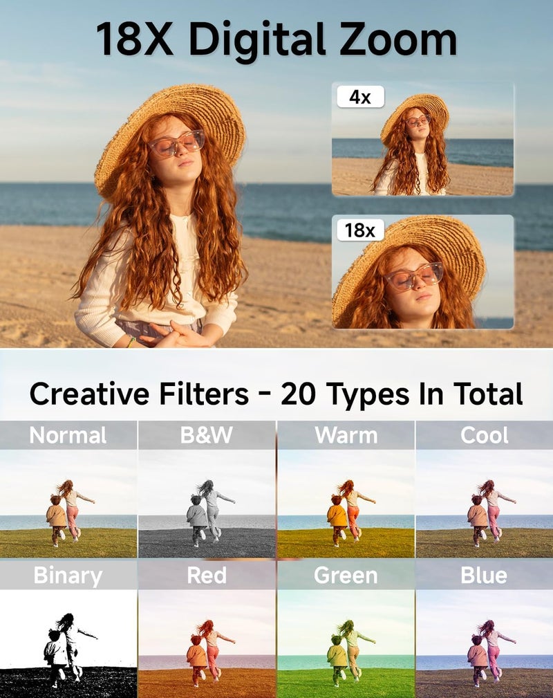 SMARTKLIK Store كاميرا رقمية للأطفال، FHD 1080P 44MP كاميرا رقمية بنقطة وتصوير مع كشف الوجه، التقاط الابتسامة، زوم 18X، 20 فلتر، مضادة للاهتزاز، بطاقة SD سعة 32GB كاميرا مدمجة عتيقة للأطفال الأولاد والبنات - Image 5